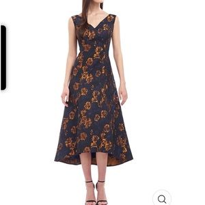 Kay Unger Navy Blue Midi Dress with Gold Floral Pattern